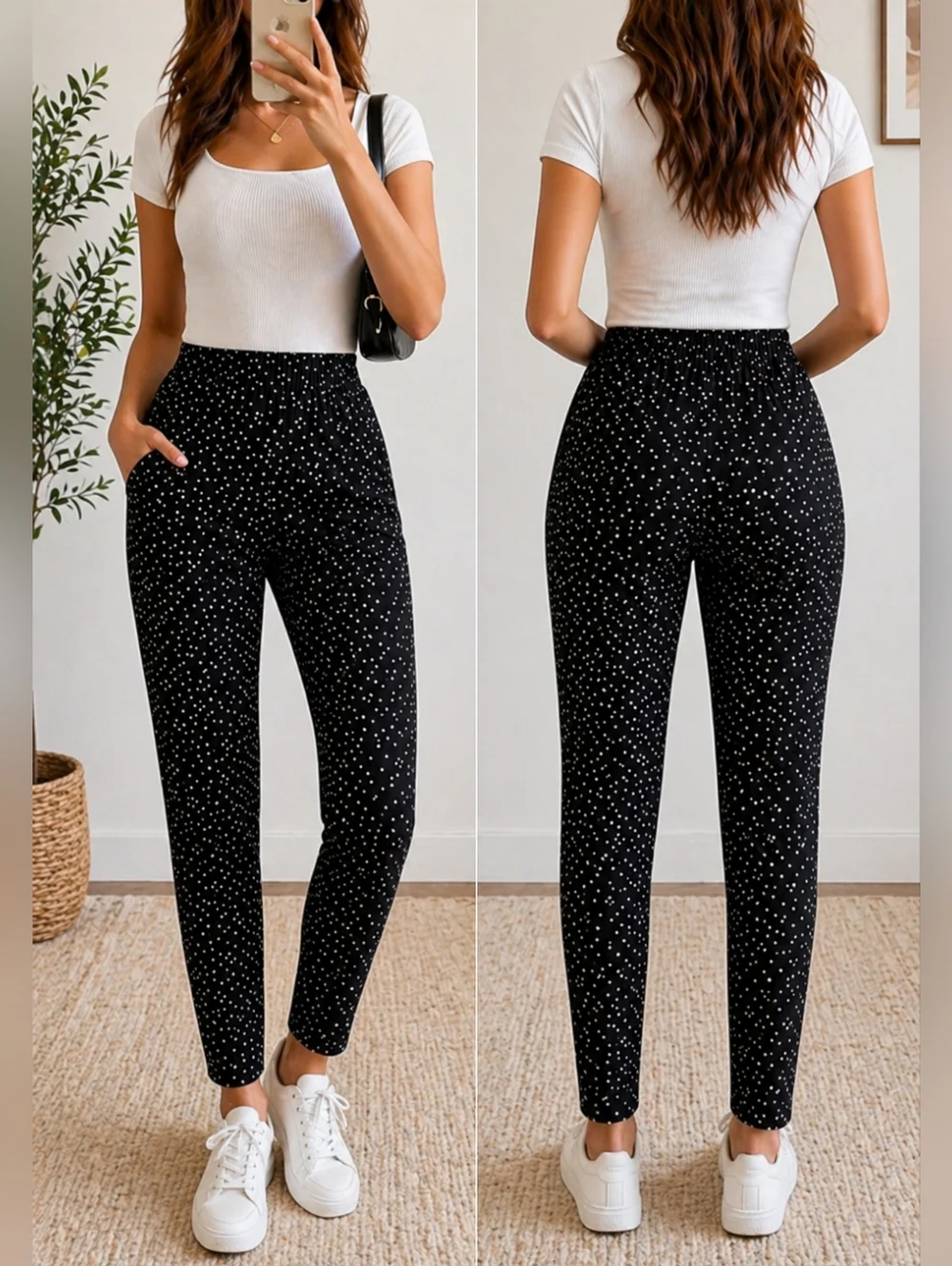 SHEIN Polka Dot Ankle Pants Women’s Large Black White Stretch Straight Fit